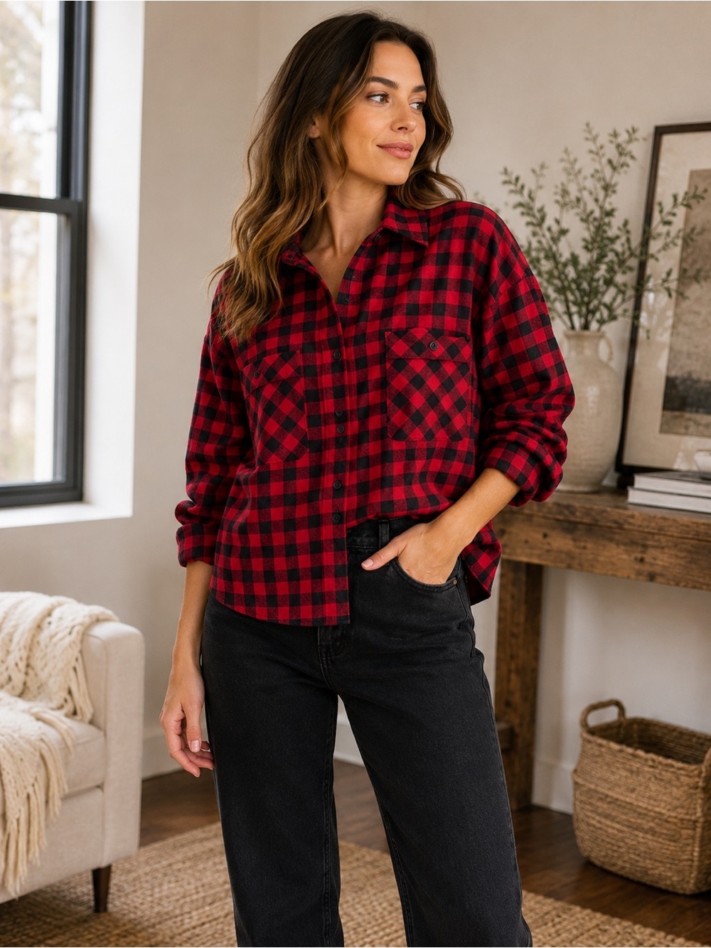 Marc New York Red Black Flannel Crop Button Down Large Buffalo Plaid Cotton